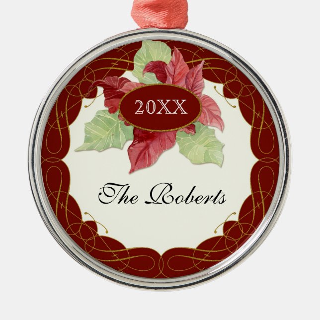 Adorno Metálico Navidades de arte Swirl Scroll Poinsettia Personal (Frente)