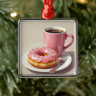 Adorno Metálico Navidades de Donut y Café con Escarcha Rosa