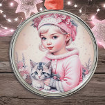 Adorno Metálico Navidades de Niña Rosa<br><div class="desc">Bonito pequeño chica vintage con un poco de gatito a rayas grises retro nostálgico adorno de Navidad para los que les gusta un Navidad anticuado.</div>