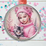 Adorno Metálico Navidades de Niña Rosa<br><div class="desc">Bonito pequeño chica vintage con un poco de gatito gris retro nostálgico adorno de Navidad para los que les gusta un Navidad anticuado.</div>