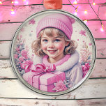 Adorno Metálico Navidades de Niña Rosa<br><div class="desc">Bonito pequeño chica vintage en gorra invernal sostiene una caja de regalo rosa,  adorno de Navidad retro nostálgico para los que les gusta un Navidad anticuado.</div>
