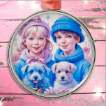 Adorno Metálico Navidades de niños pequeños de la época de vintage<br><div class="desc">Pequeño chica y niño de bonito con gorras de invierno rosa y azul sosteniendo cachorros retro nostálgicos adornos navideños para los que les gustan los Navidades anticuados.</div>