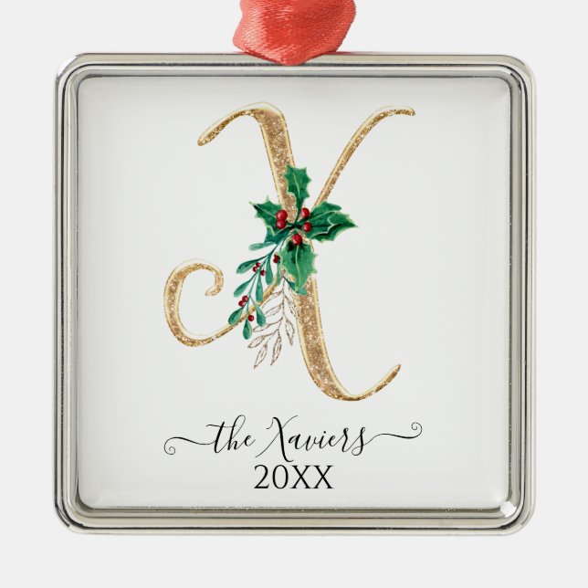 Adorno Metálico Navidades del Monograma Dorado X Purpurinas Holly  (Frente)