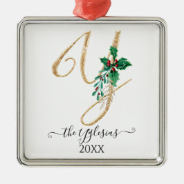 Adorno Metálico Navidades del Monograma Y Purpurina del oro Holly 