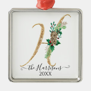 Adorno Metálico Navidades del Purpurina de oro Pine Cone Holly Mon