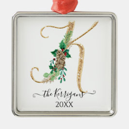 Adorno Metálico Navidades del Purpurina Holly Pine Cone Monogram K
