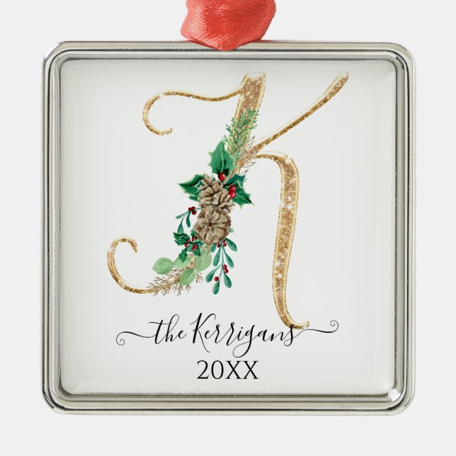 Adorno Metálico Navidades del Purpurina Holly Pine Cone Monogram K (Frente)