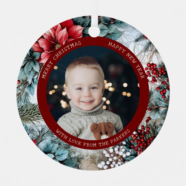 Adorno Metálico Navidades elegantes Poinsettias y Holly Photo (Anverso)