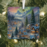 Adorno Metálico Navidades en un pueblo de montaña, luces polares<br><div class="desc">Este Ornament cuenta con un pueblo cubierto de nieve con casas luminosas en las montañas,  rodeado de altos árboles de abetos,  luces polares brillando en el cielo. Decoración de bonito y también un maravilloso regalo de navidades pequeños. Texto personalizado.</div>