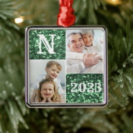 Adorno Metálico Navidades fotográficos Monograma Silver Purpurina 