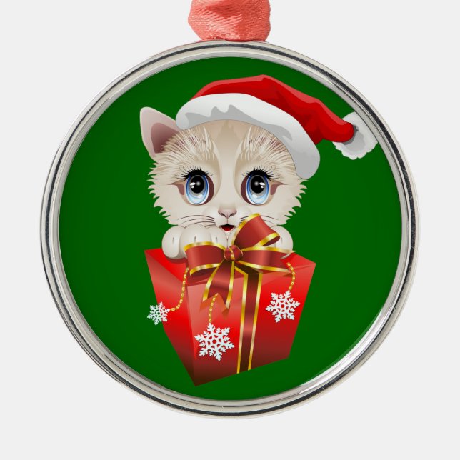 Adorno Metálico Navidades gatitos Santa con regalo (Frente)