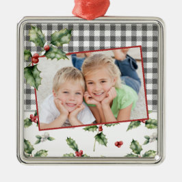 Adorno Metálico Navidades Holiday Photo Plaid Watercolor Floral