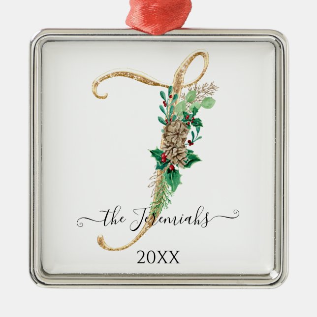 Adorno Metálico Navidades Holly, Purpurina de Oro Pine Cone Monogr (Frente)