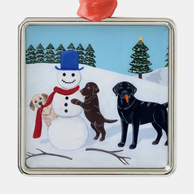 Adorno Metálico Navidades Labrador pintando a hombre de nieve (Frente)