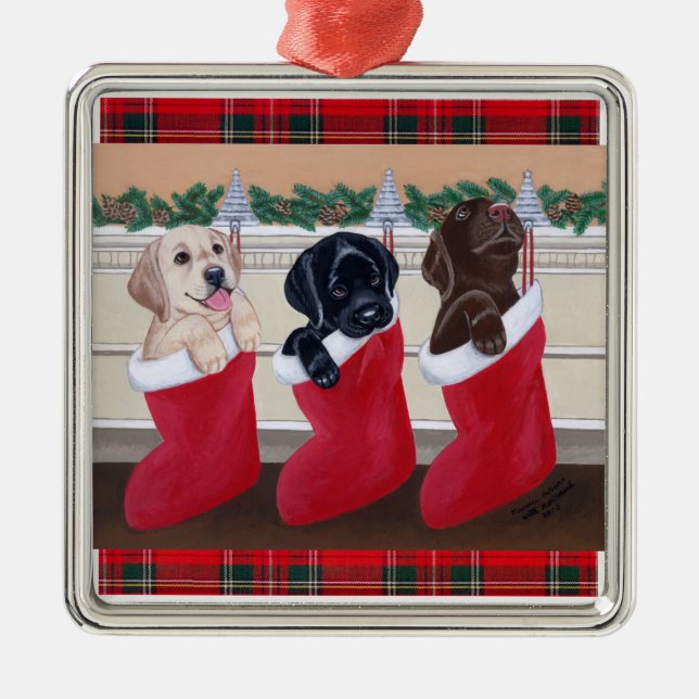 Adorno Metálico Navidades Labrador Puppies Tartán (Frente)