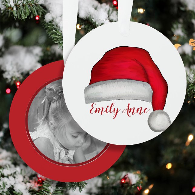 Adorno Metálico Navidades Moderno Cute Red Santa Hat Whimsical (Personalized Santa hat Christmas ornament with child’s name and custom photo keepsake.)