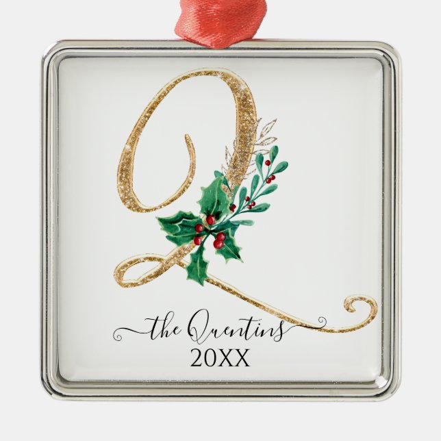 Adorno Metálico Navidades Monograma Q Purpurina Gold Holly Foliage (Frente)