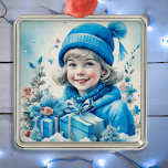Adorno Metálico Navidades Niñas Azules Vintage Personalizadas<br><div class="desc">Bonito chica vintage en gorra invernal sosteniendo una caja de regalo azul con un ambiente nostálgico retro adorno navideño para los que les gusta un Navidad anticuado.</div>