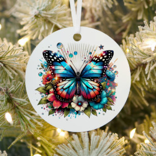 Adorno Metálico Navidades personalizados con mariposa azul y flore