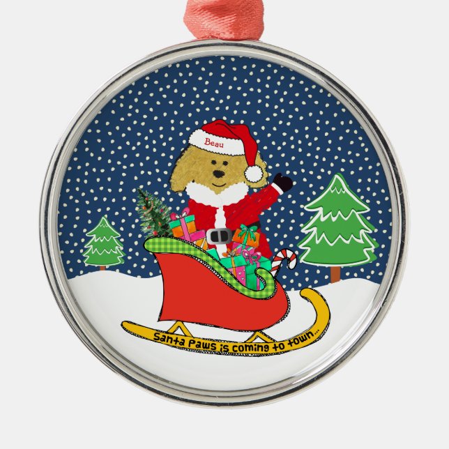 Adorno Metálico Navidades personalizados GoldenDoodle Santa Sleigh (Frente)