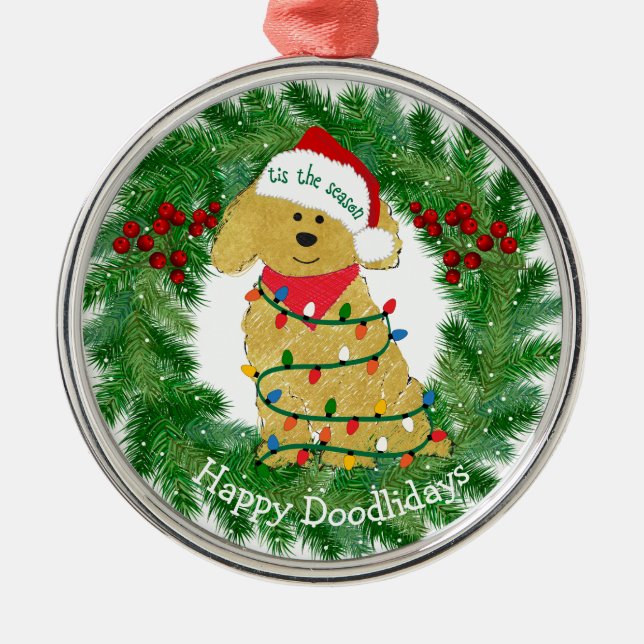 Adorno Metálico Navidades personalizados iluminan Goldendoodle (Frente)