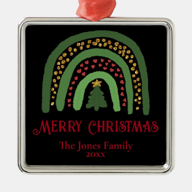 Adorno Metálico Navidades purpurina arcoiris personalización verde (Frente)