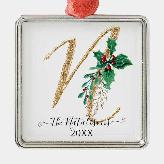 Adorno Metálico Navidades Purpurinas de oro Holly Foliage Monogram (Frente)