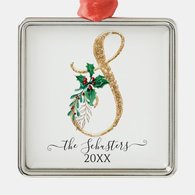 Adorno Metálico Navidades Purpurinas del Monograma Dorado Holly Fo (Frente)