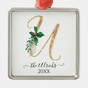 Adorno Metálico Navidades Purpurinas del Monograma U Oro Holly Fol