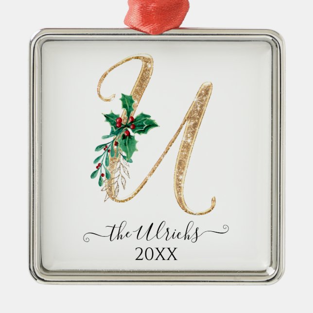Adorno Metálico Navidades Purpurinas del Monograma U Oro Holly Fol (Frente)