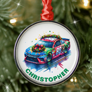 Adorno Metálico Navidades Race Car Carreras Nombre personalizado d