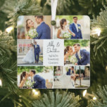 Adorno Metálico Navidades recién casados de Collage de fotos de pa<br><div class="desc">Este hermoso regalo metalizado de adorno navideño de pareja recién casada presenta un diseño elegante de 6 fotos de bodas sobre un fondo blanco con los nombres, ubicación y fecha de la pareja casada. Un maravilloso regalo de fotos conmemorativo para tu esposa o marido para atesorar para siempre. Añadir una...</div>