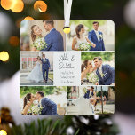 Adorno Metálico Navidades recién casados de Collage de fotos de pa<br><div class="desc">Este hermoso regalo metalizado de adorno navideño de pareja recién casada presenta un diseño elegante de 6 fotos de bodas sobre un fondo blanco con los nombres, ubicación y fecha de la pareja casada. Un maravilloso regalo de fotos conmemorativo para tu esposa o marido para atesorar para siempre. Añadir una...</div>