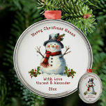 Adorno Metálico Navidades Regalo De Snowman Para Nanna<br><div class="desc">Un regalo de muñeco de nieve para un ornamento Metalizado de Nanna con nombres de niños. Este encantador muñeco de nieve estilo vintage hace un gran regalo de los nietos a su nana (o abuela). Diseñado con un hombre de nieve alegre, vestido con un Gorra negro y una bufanda roja...</div>
