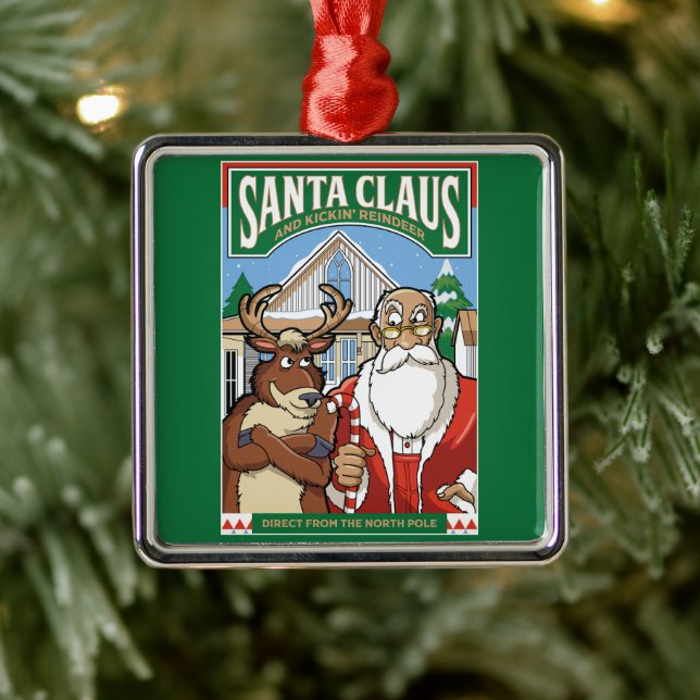 Adorno Metálico Navidades Santa Claus y Kickin' Reindeer Nevando (Árbol)