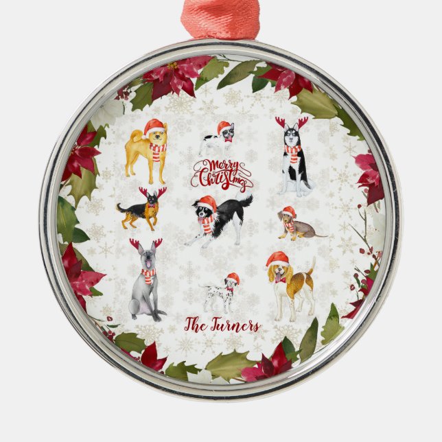 Adorno Metálico Navidades Santa hat Perros Poinsettia Monograma (Frente)