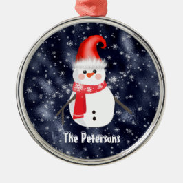 Adorno Metálico Navidades Snowman sobre un oscuro fondo nevado azu