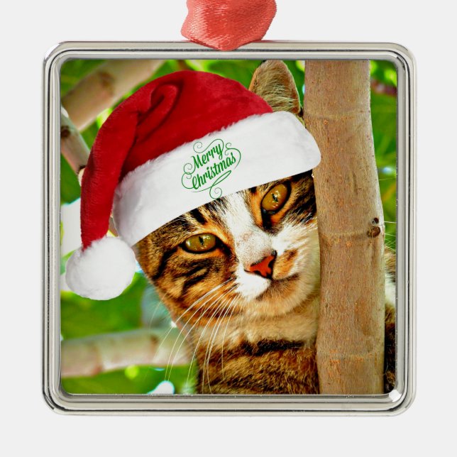 Adorno Metálico Navidades Tabby Cat en un árbol (Frente)