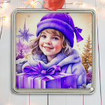 Adorno Metálico Navidades violetas púrpura de la infancia personal<br><div class="desc">Bonito pequeño chica vintage en gorra invernal sostiene una caja de regalo morada con un ambiente nostálgico retro adorno de Navidad para los que les gusta un Navidad anticuado.</div>