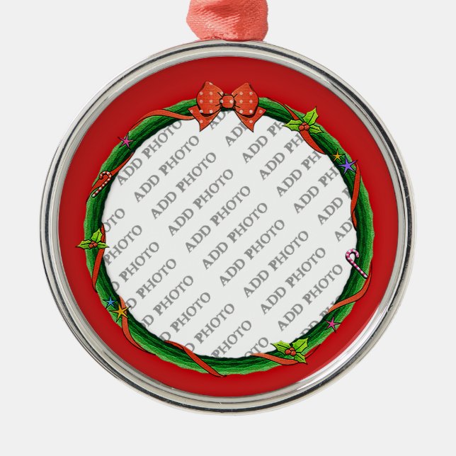 Adorno Metálico Navidades Wreath agrega tu foto y fondo rojo (Frente)