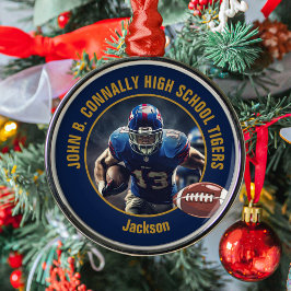 Adorno Metálico Navy Blue Gold Football Player Photo Christmas