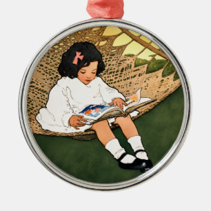 Adorno Metálico Niña antigua leyendo en una hamaca