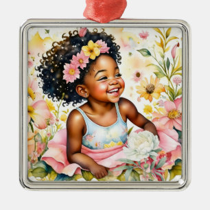 Adorno Metálico Niña Pequeña en Flores Rosadas Navidad