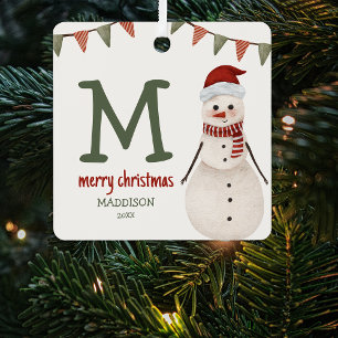 Adorno Metálico Niños Muñeco de Nieve Monograma Árbol de Navidad 