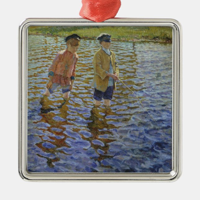 Adorno Metálico Niños pescando en el río (Anglers de época) (Frente)