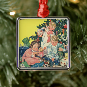 Adorno Metálico Nochebuena vintage, niños abriendo regalos