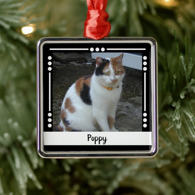 Adorno Metálico Nombre de gato mascota Foto vacaciones blanco negr (Árbol)