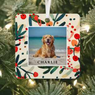 Adorno Metálico Nombre de Mascota Personalizado Foto Holly Berries
