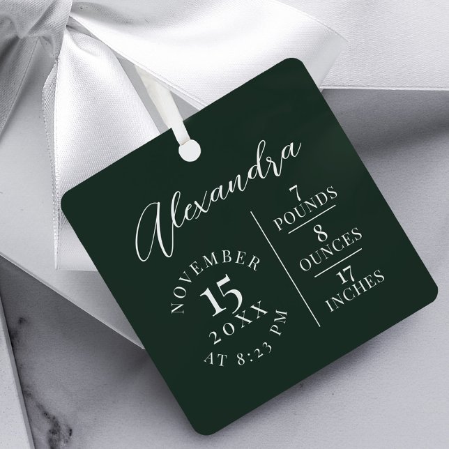 Adorno Metálico Nombre del bebé y estadísticas de nacimiento Foto  (Baby Name & Birth Stats Photo Green Keepsake Metal Ornament)