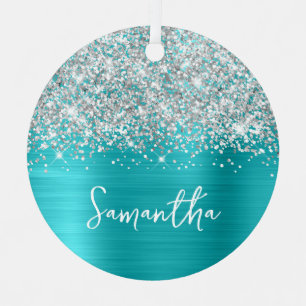 Adorno Metálico Nombre del Glam Azul Turquesa de Plata Purpurinoso